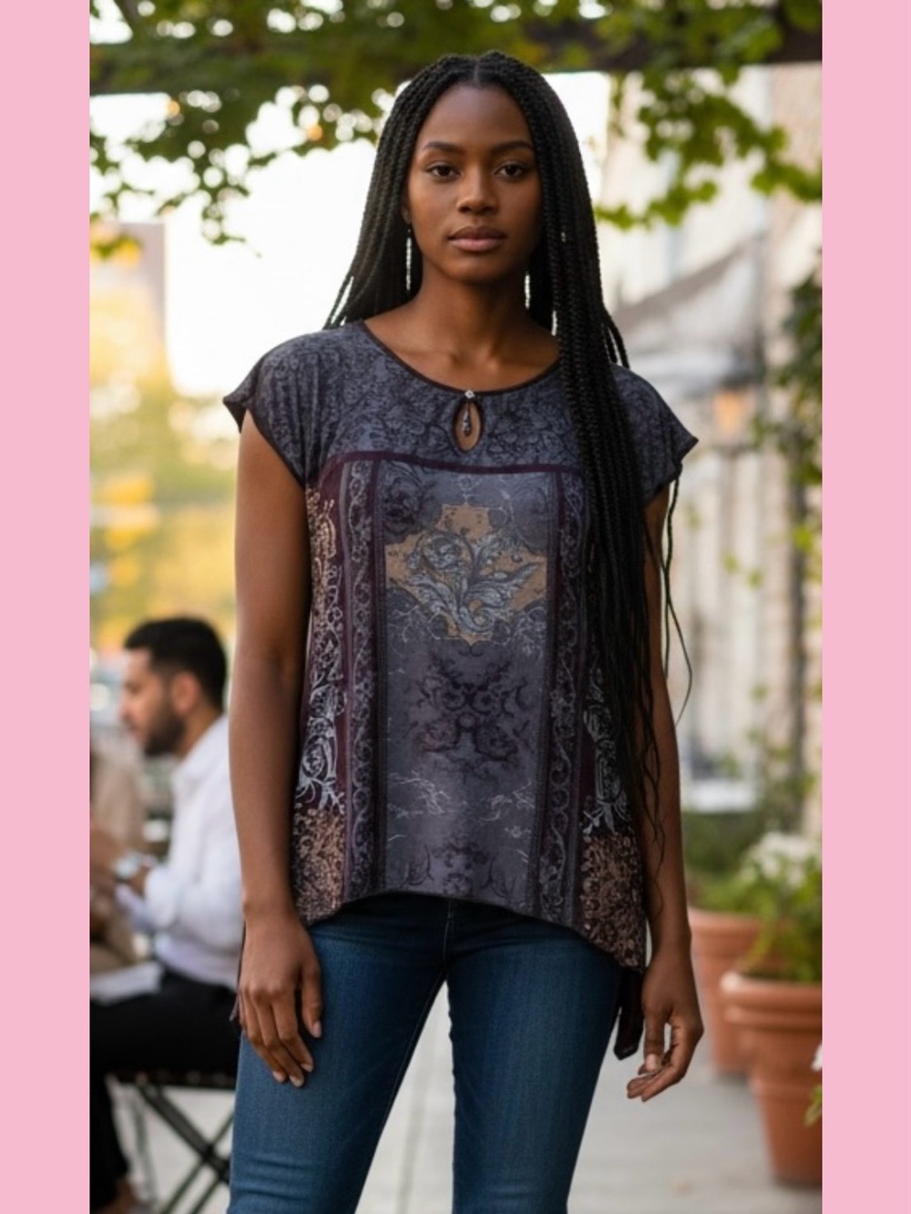 Skinny Minnie Printed Keyhole Short Sleeve Top - Black and Brown